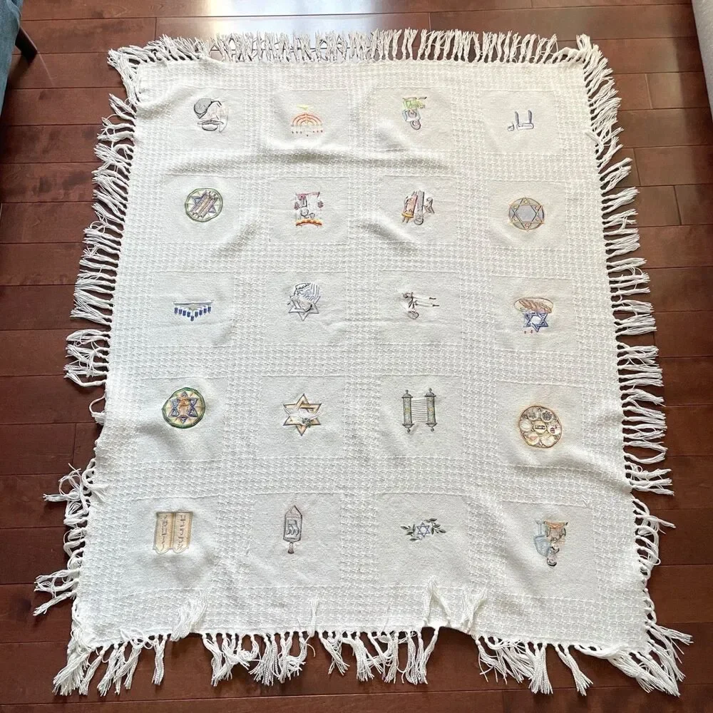 Jewish Themed Blanket White with 20 Individual Embroidered Symbols‎ Fringe
